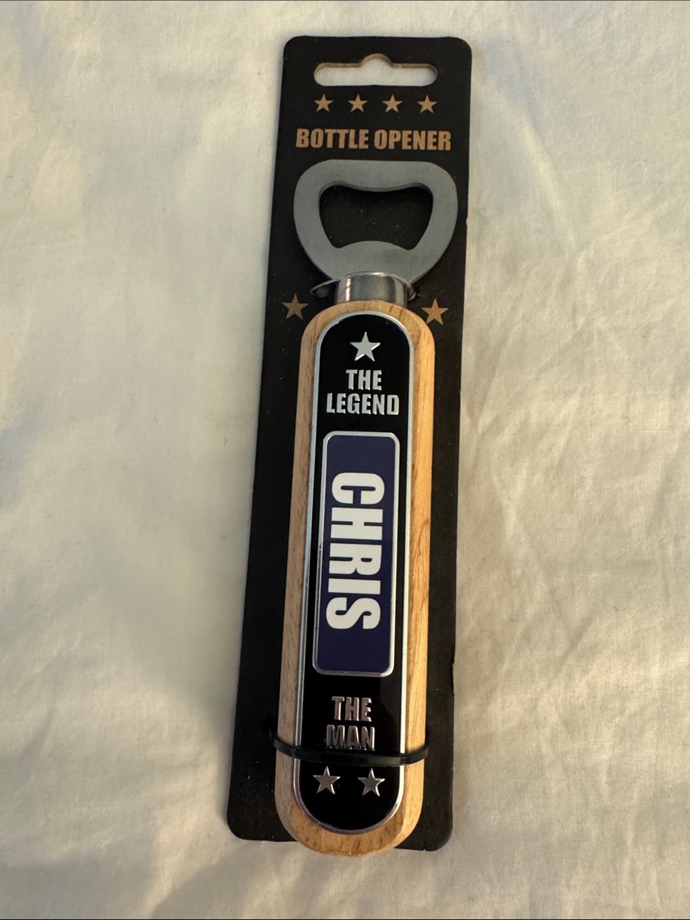 Personalized 'Chris' The Legend Wooden Bottle Opener - Blue & Natural